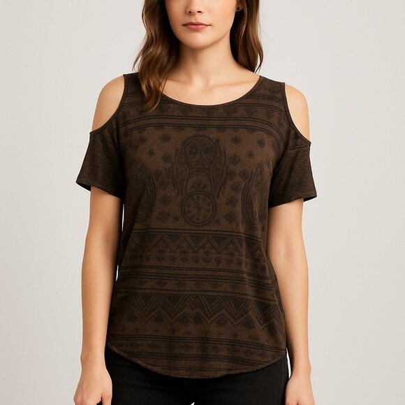 Ginger G Brown Boho Cold-Shoulder Top - Picture 1 of 4